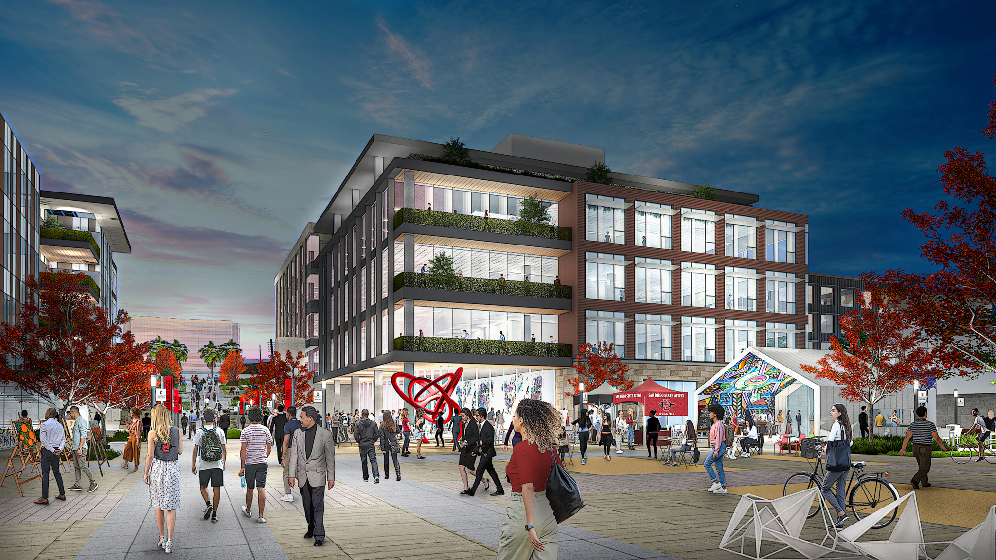 Rendering of SDSU Mission Valley Innovation District central plaza with people milling about in front of the building at dusk